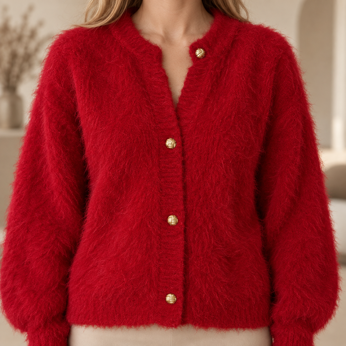 Plüsch-Cardigan Vilja – Patchwork mit Knopfleiste