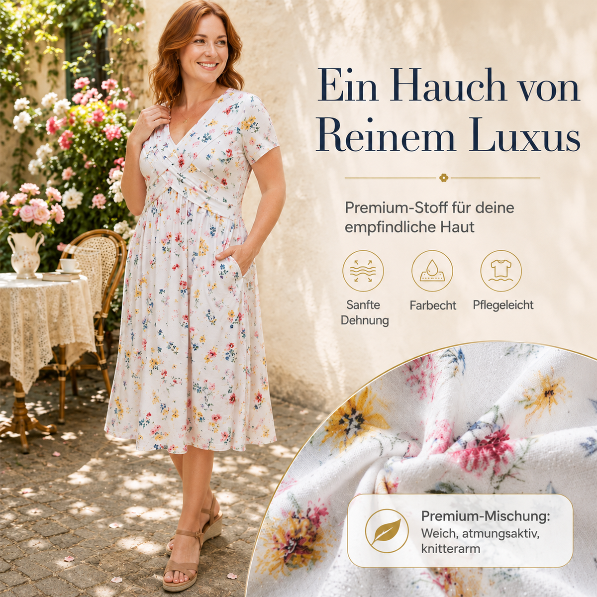 Sommerkleid Yara – V-Ausschnitt mit Blumenprint und Taillenknoten