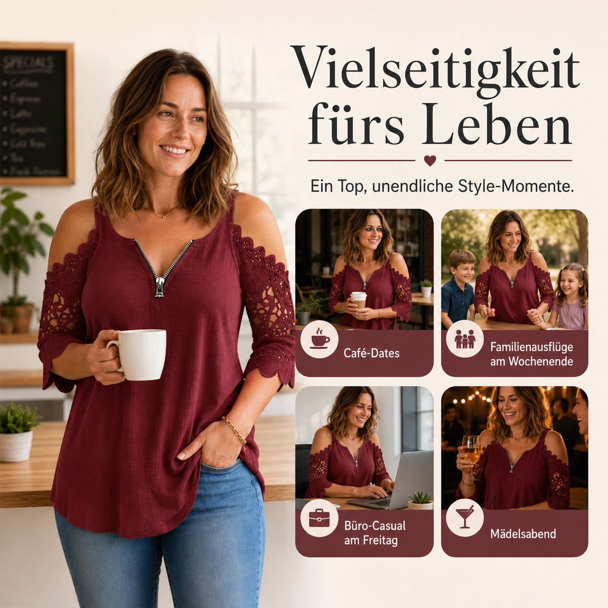 Amelie Top V-Ausschnitt Reissverschluss Detail