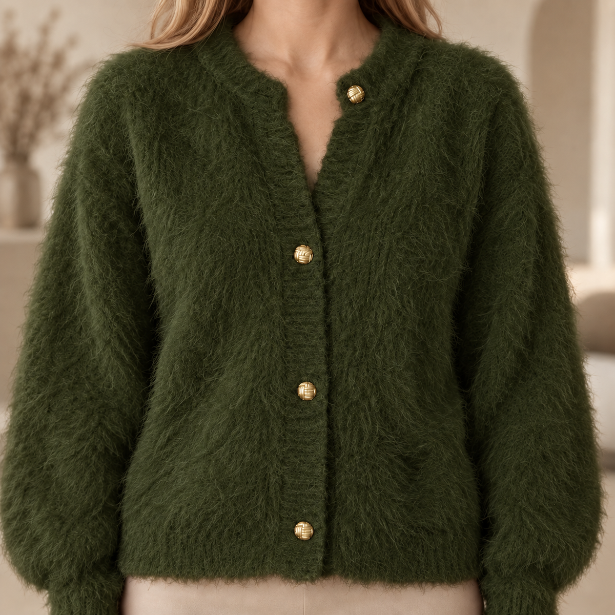 Plüsch-Cardigan Vilja – Patchwork mit Knopfleiste