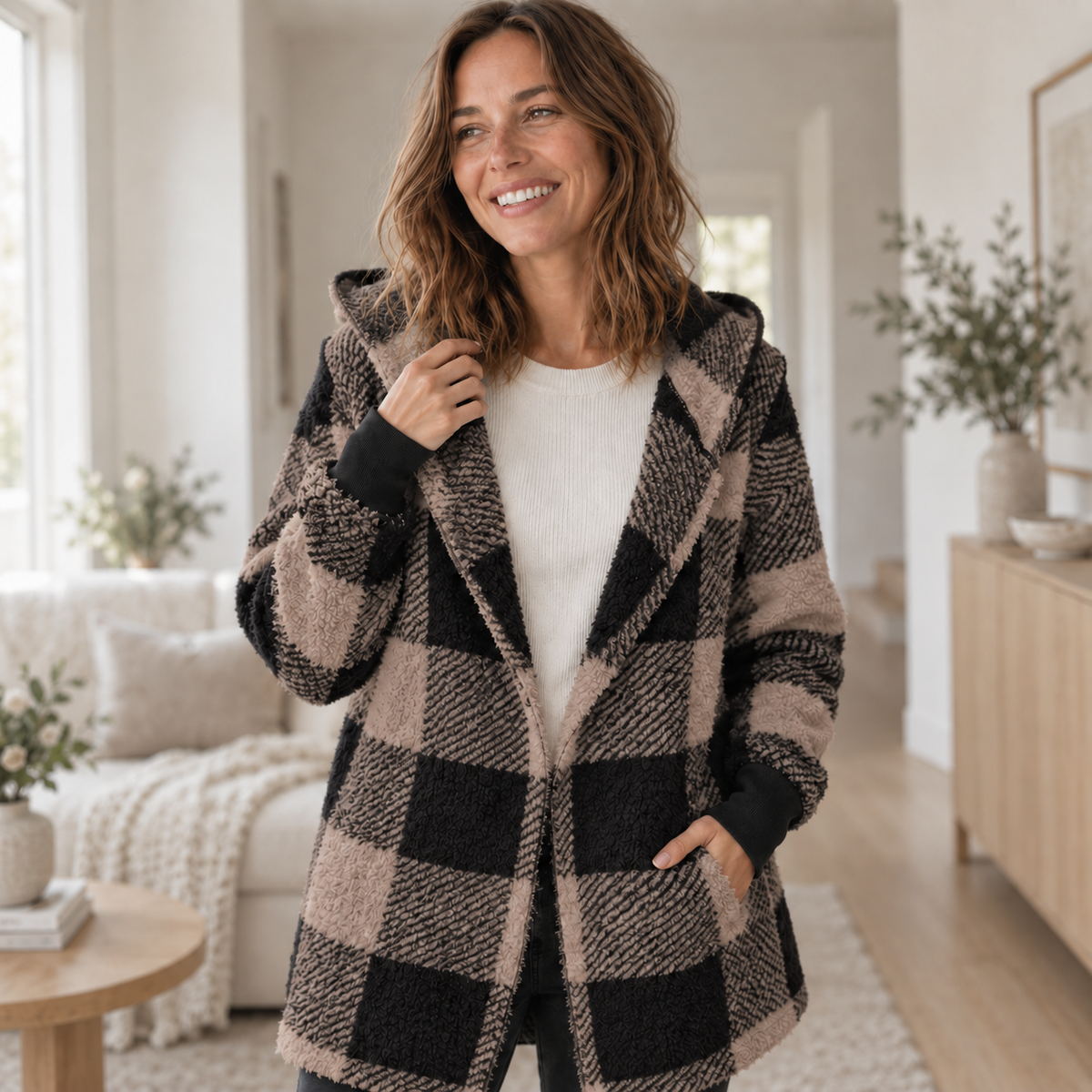 Fleece-Cardigan Merit – Karo-Patchwork mit Kapuze