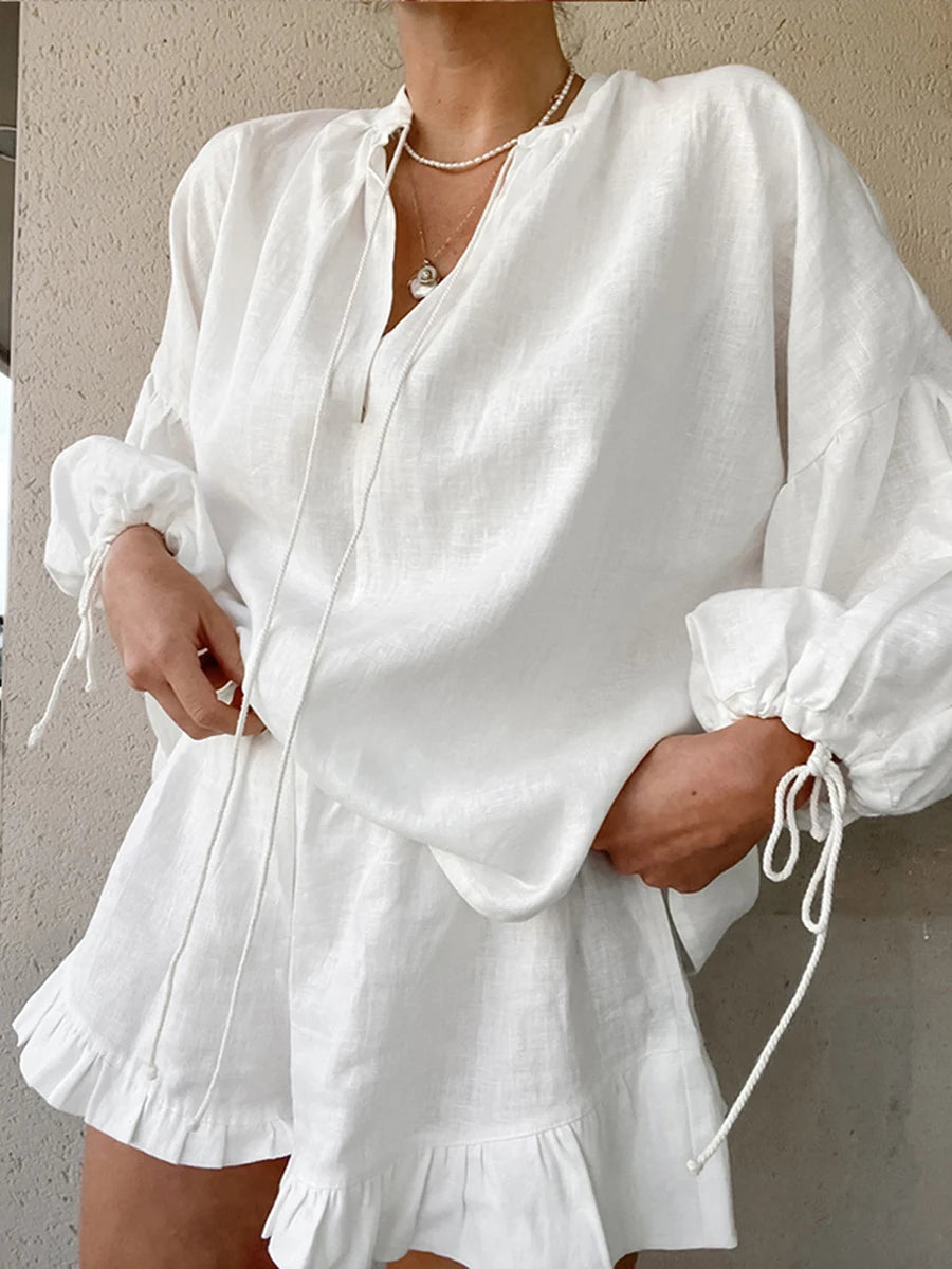 Loungewear-Set Alba – Bluse & Rüschen-Shorts
