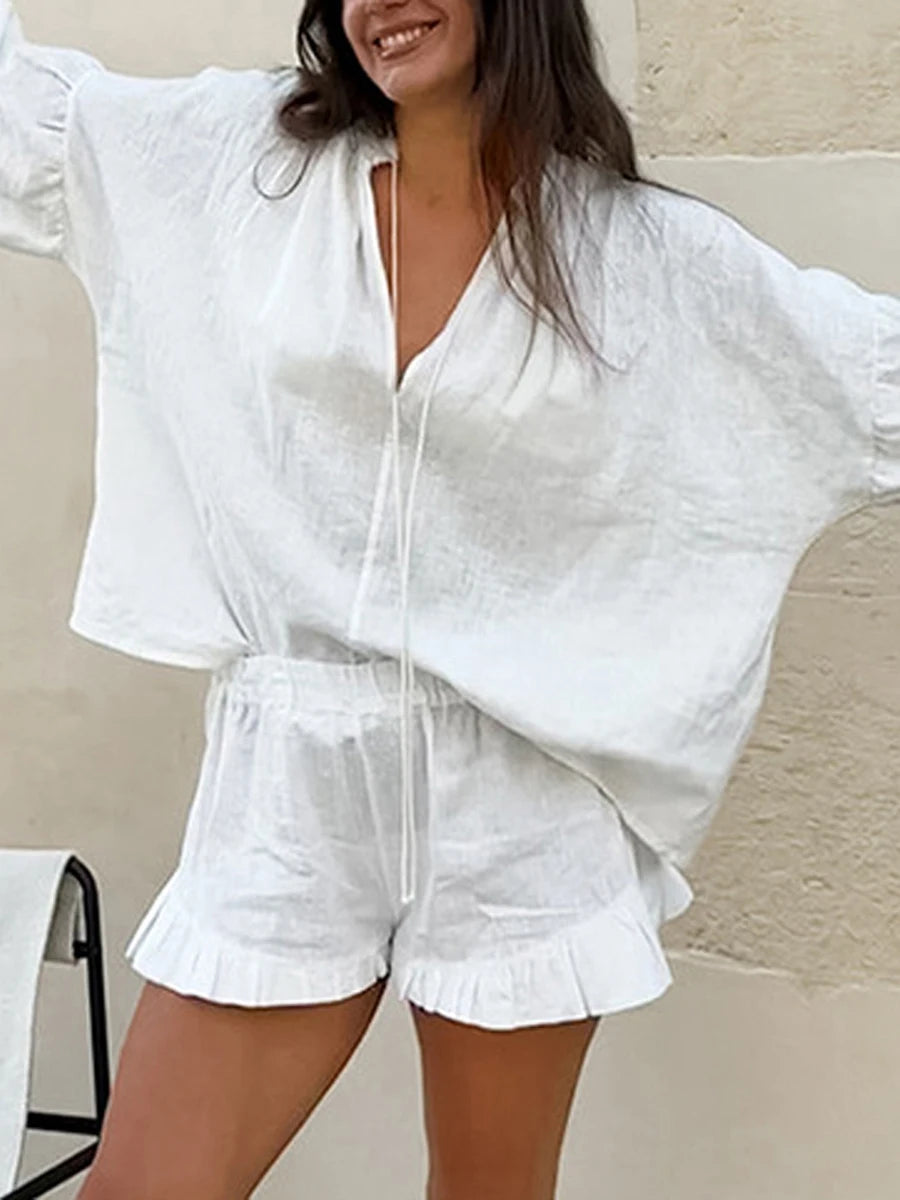 Loungewear-Set Alba – Bluse & Rüschen-Shorts