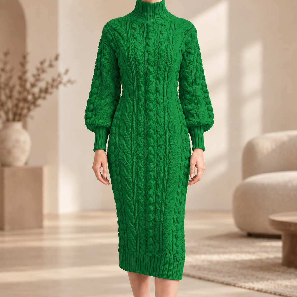 Rippstrick-Midikleid Angelika – Rollkragen Stretch