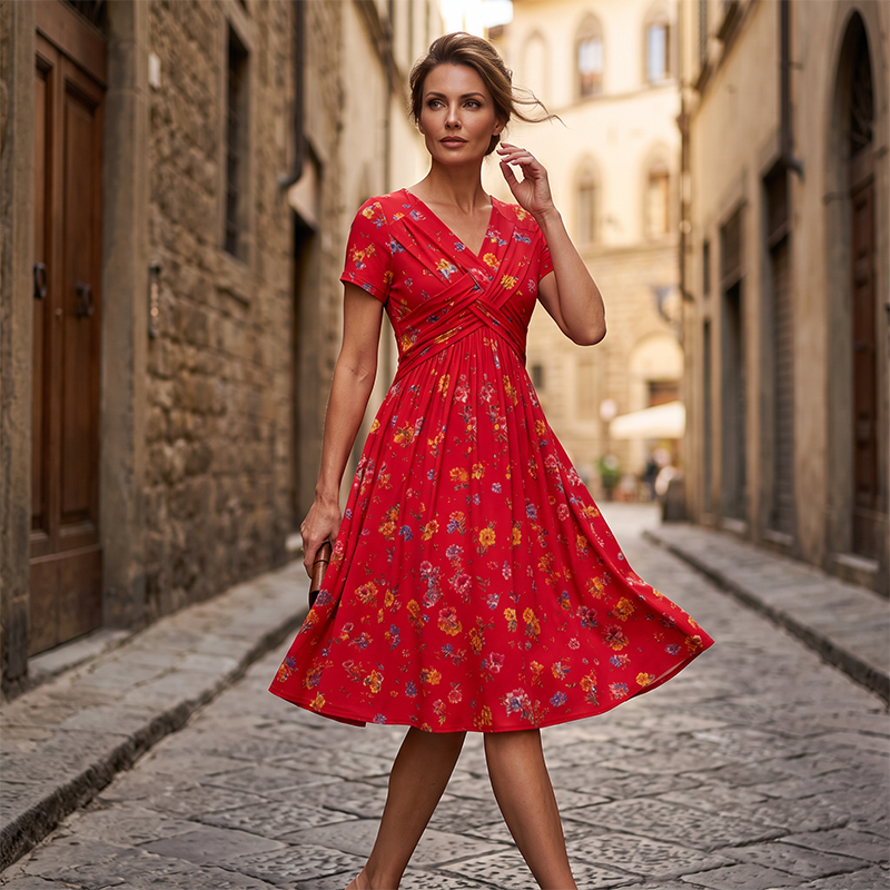 Sommerkleid Yara – V-Ausschnitt mit Blumenprint und Taillenknoten
