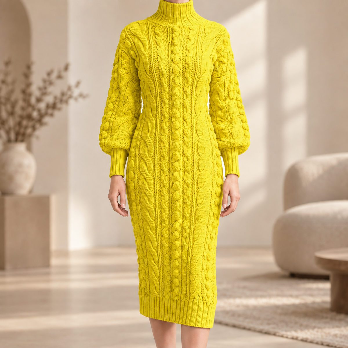 Rippstrick-Midikleid Angelika – Rollkragen Stretch