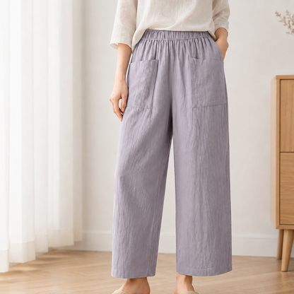 Weite Leinenhose Alina Damen im Alltag getragen