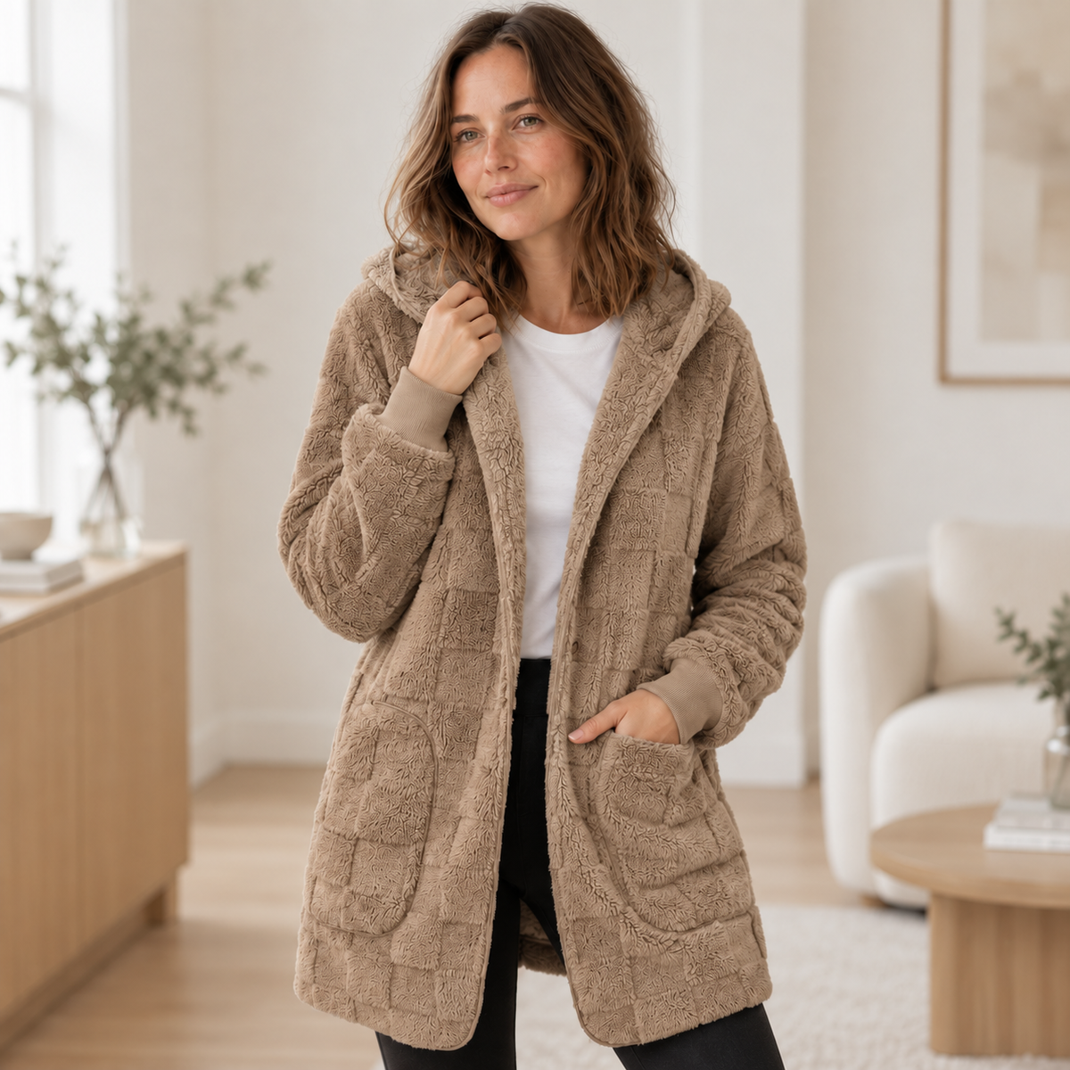 Teddy-Cardigan Karla – Oversized mit Kapuze