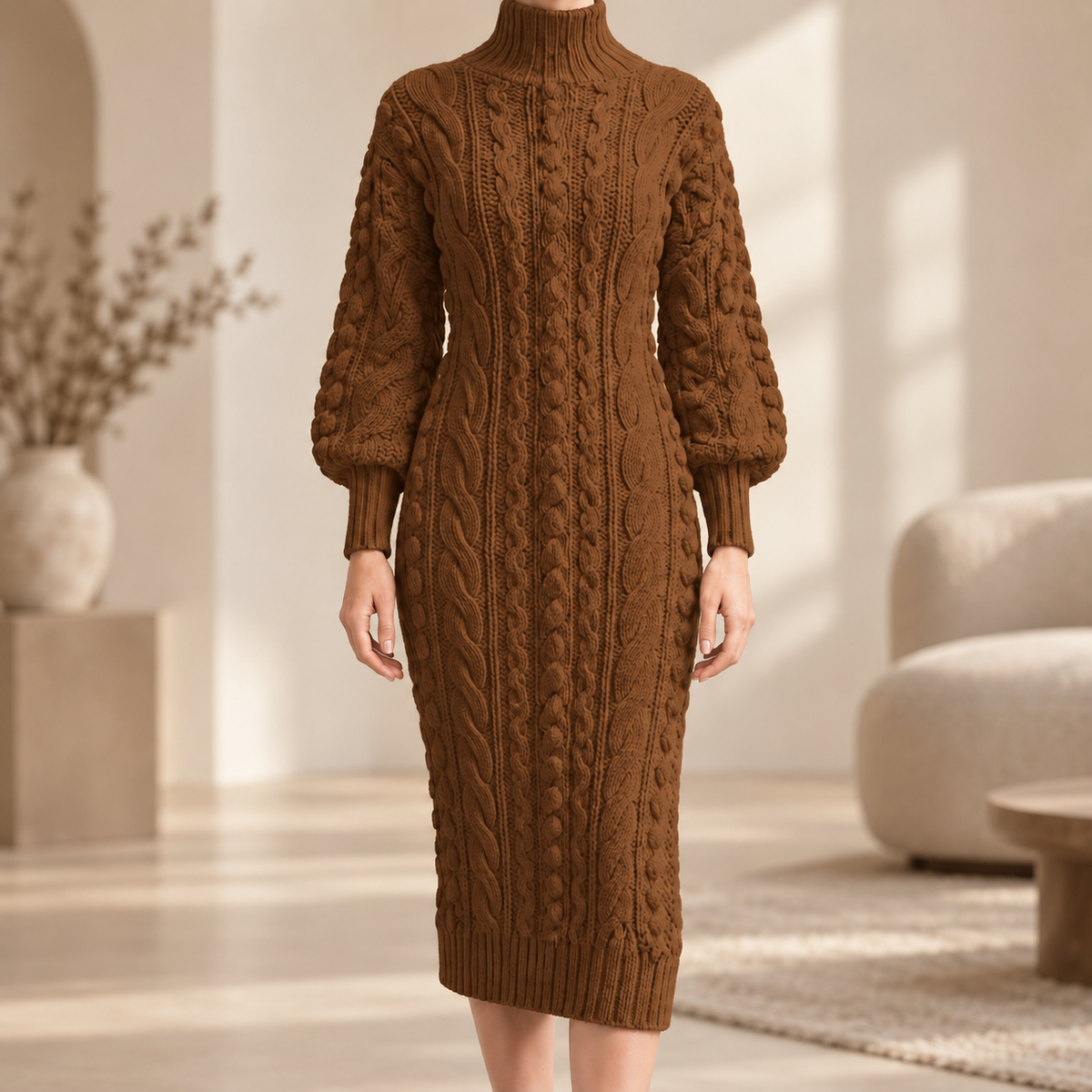Rippstrick-Midikleid Angelika – Rollkragen Stretch