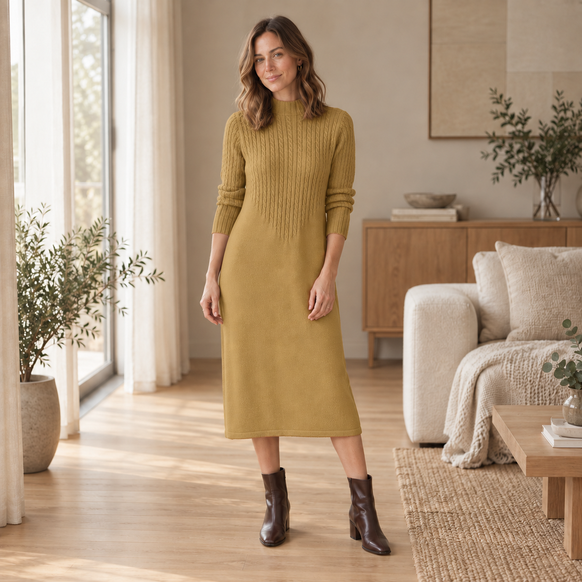Strickkleid Sabine – Halbrollkragen im Midi-Look