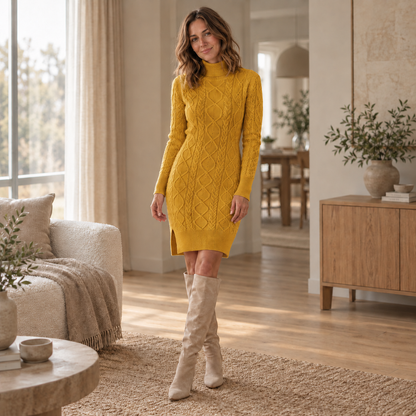 Wickelsaum-Strickkleid Bettina – Warmer Stehkragen