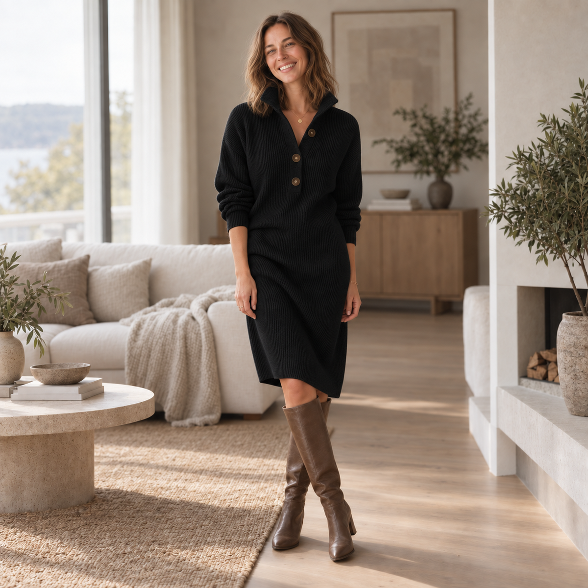 Strickkleid Katrin – Stehkragen mit Knopfleiste