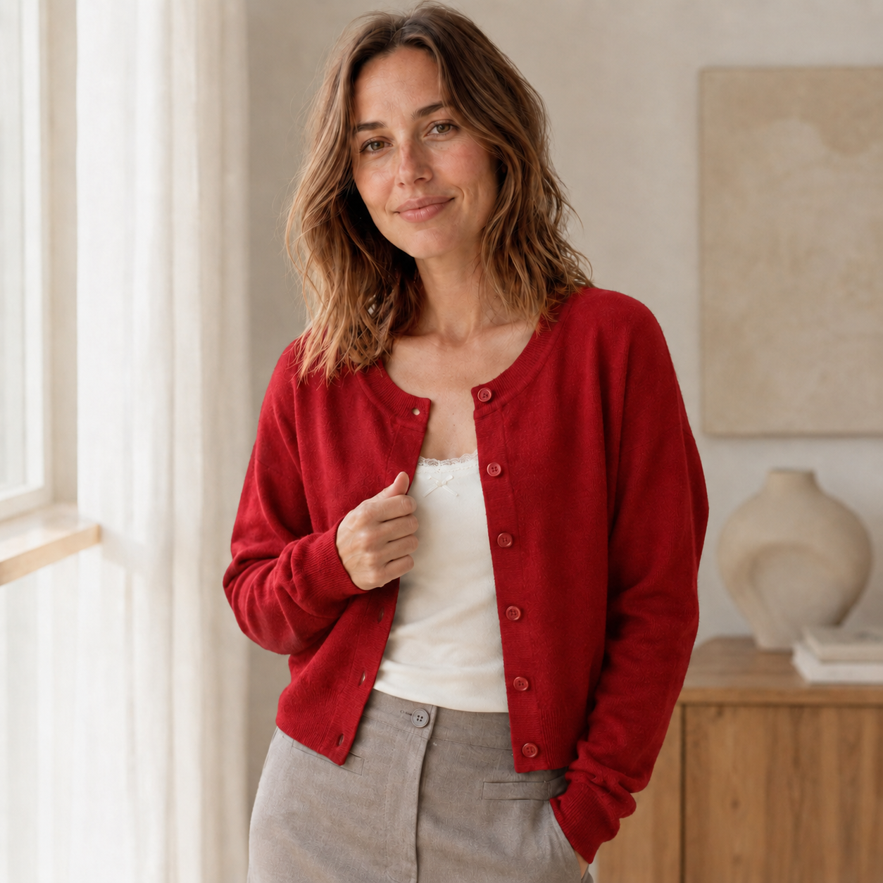 Feinstrick-Cardigan Lou – Kurz mit Rundhals & Knopfleiste