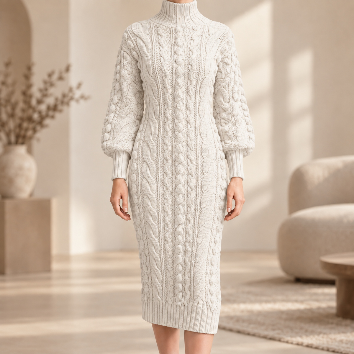 Rippstrick-Midikleid Angelika – Rollkragen Stretch