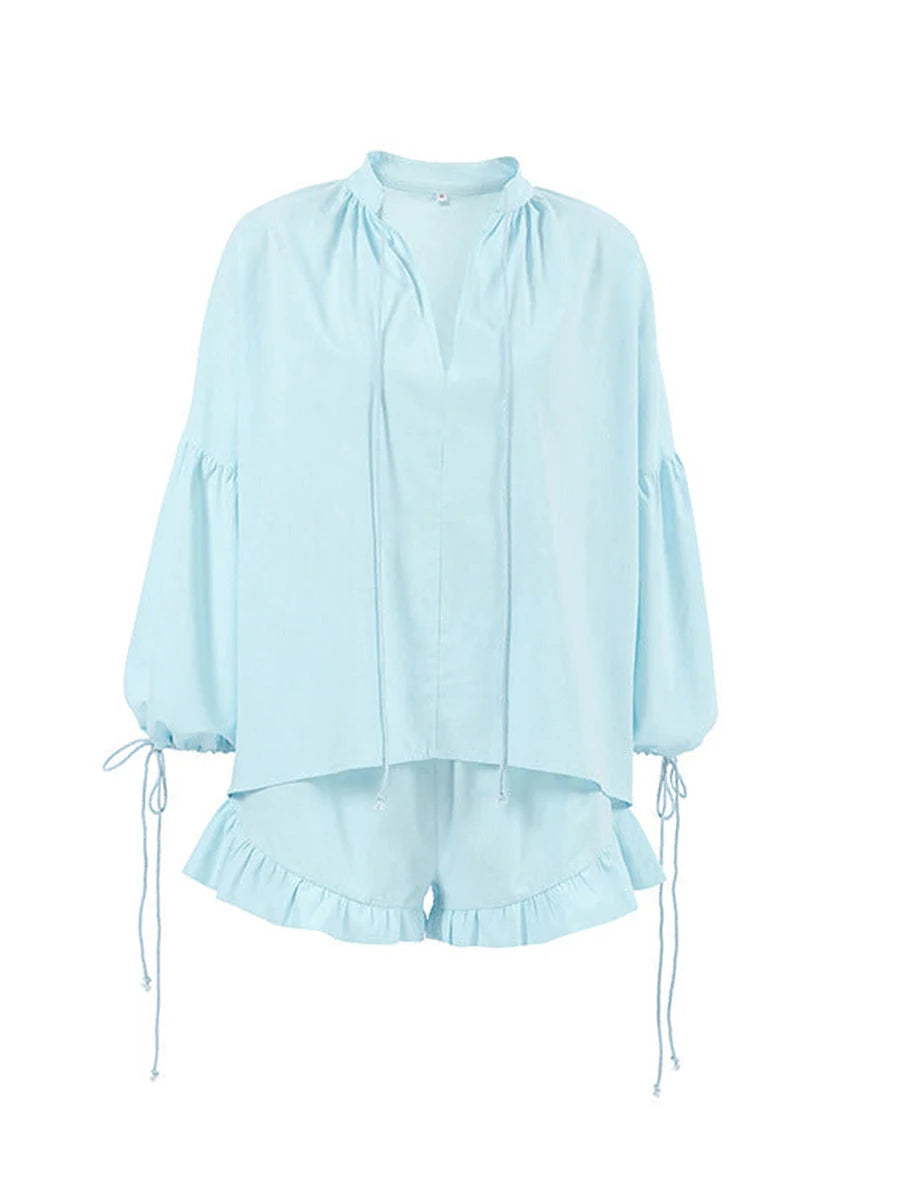 Loungewear-Set Alba – Bluse & Rüschen-Shorts