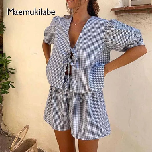 Loungewear-Set Romy – Karo-Bluse & Shorts
