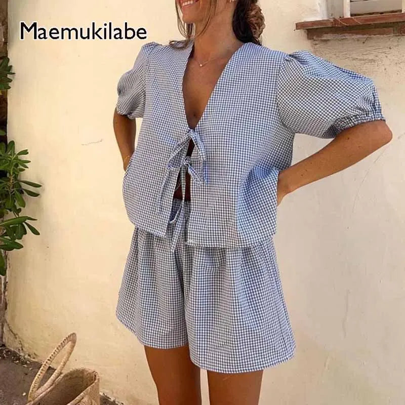 Loungewear-Set Romy – Karo-Bluse & Shorts