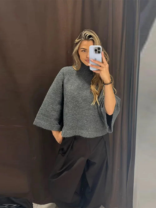Women's Turtleneck Knit Sweater Flared Sleeve Loose Fit Soft  Pullover Casual Chic Cropped Sweaters Daily Fashion Knitwear Top