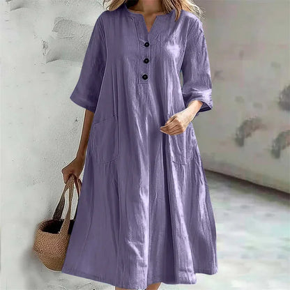 Leinenkleid Helena – Knopfleiste & Seitentaschen