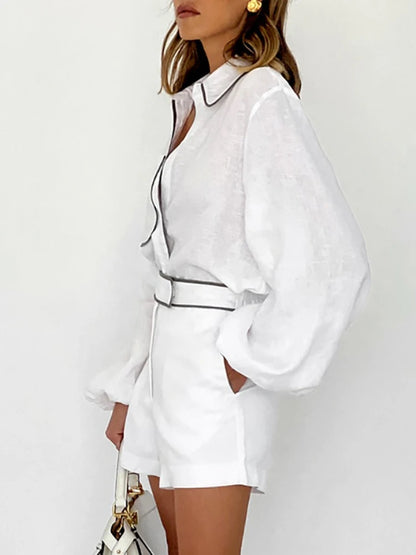 Loungewear-Set Greta – Hemd & Shorts mit Kontrast-Paspel