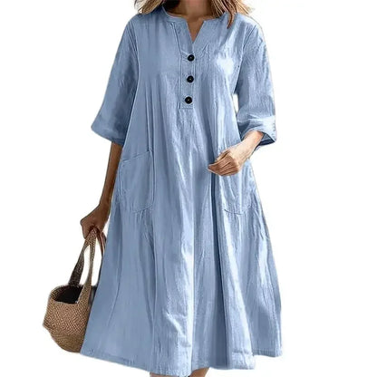 Leinenkleid Helena – Knopfleiste & Seitentaschen