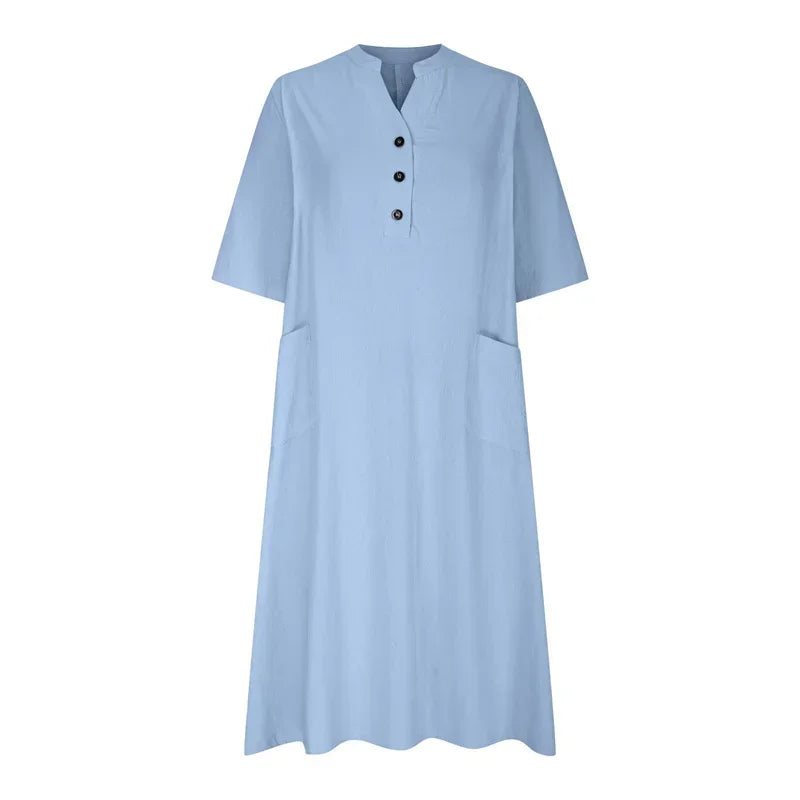 Leinenkleid Helena – Knopfleiste & Seitentaschen