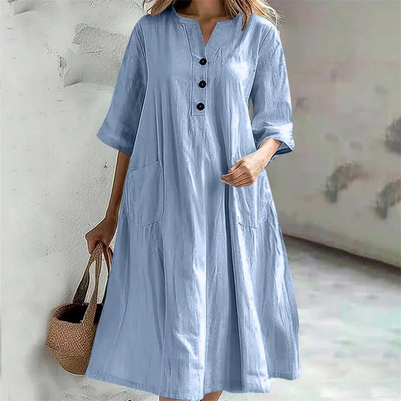 Leinenkleid Helena – Knopfleiste & Seitentaschen