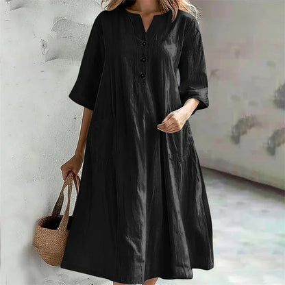 Leinenkleid Helena – Knopfleiste & Seitentaschen