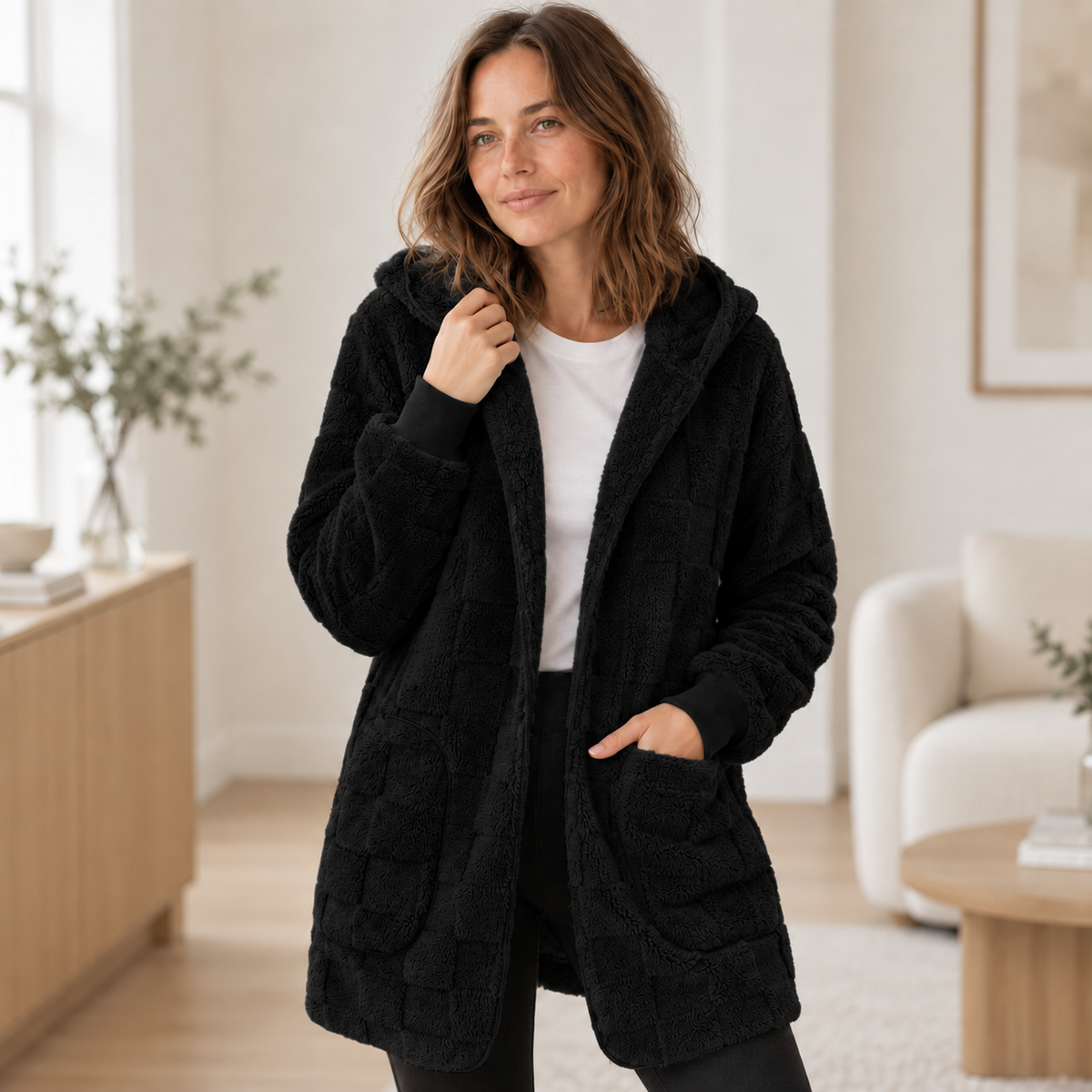 Teddy-Cardigan Karla – Oversized mit Kapuze