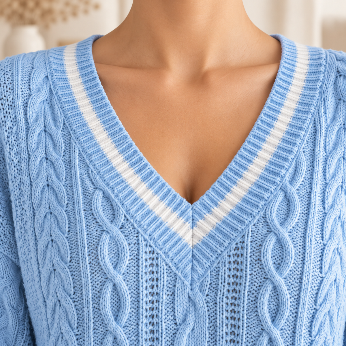 Zopfmuster-Pullover Charlotte – Colorblock im V-Ausschnitt