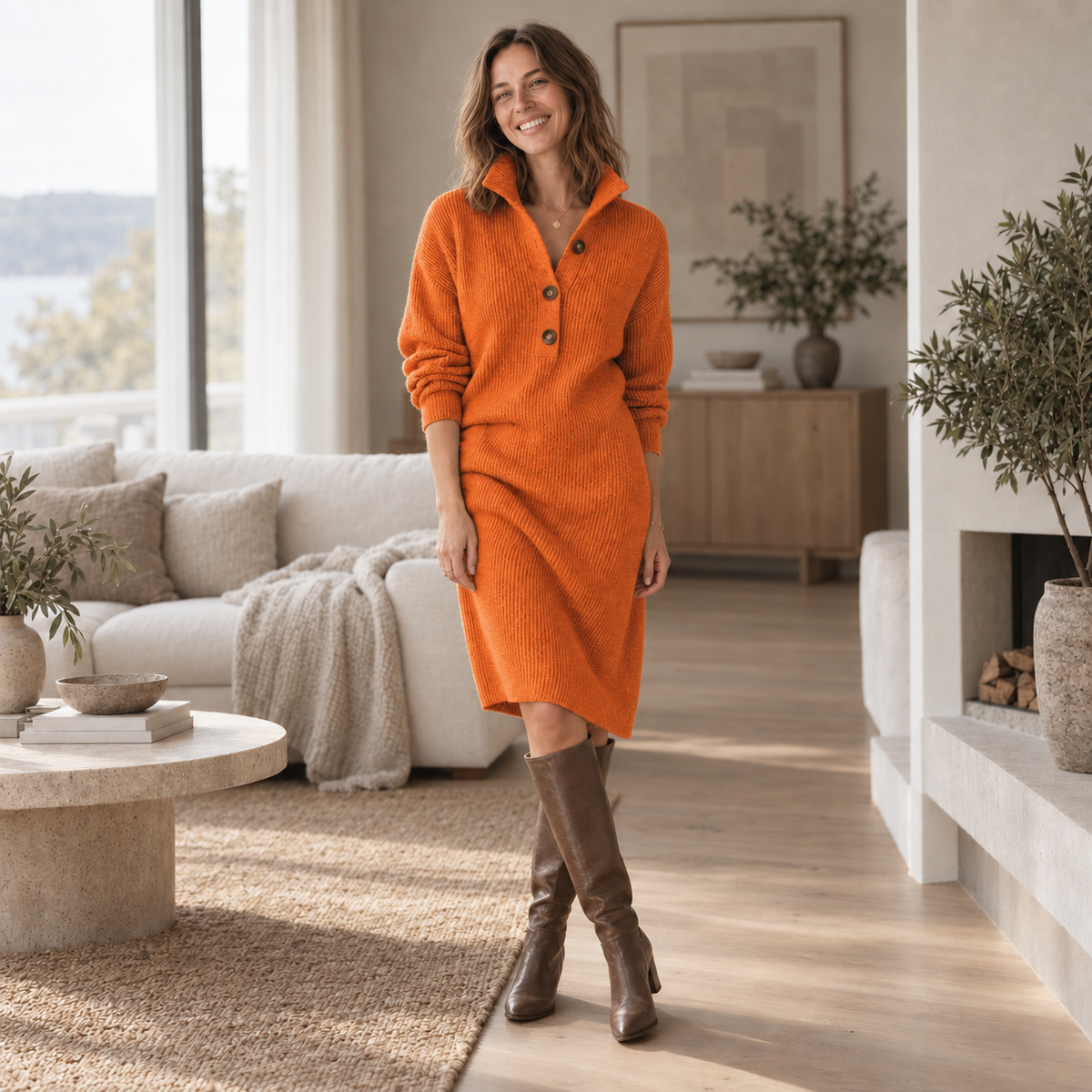 Strickkleid Katrin – Stehkragen mit Knopfleiste
