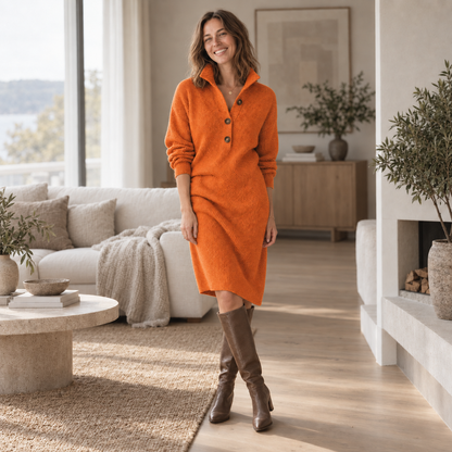 Strickkleid Katrin – Stehkragen mit Knopfleiste