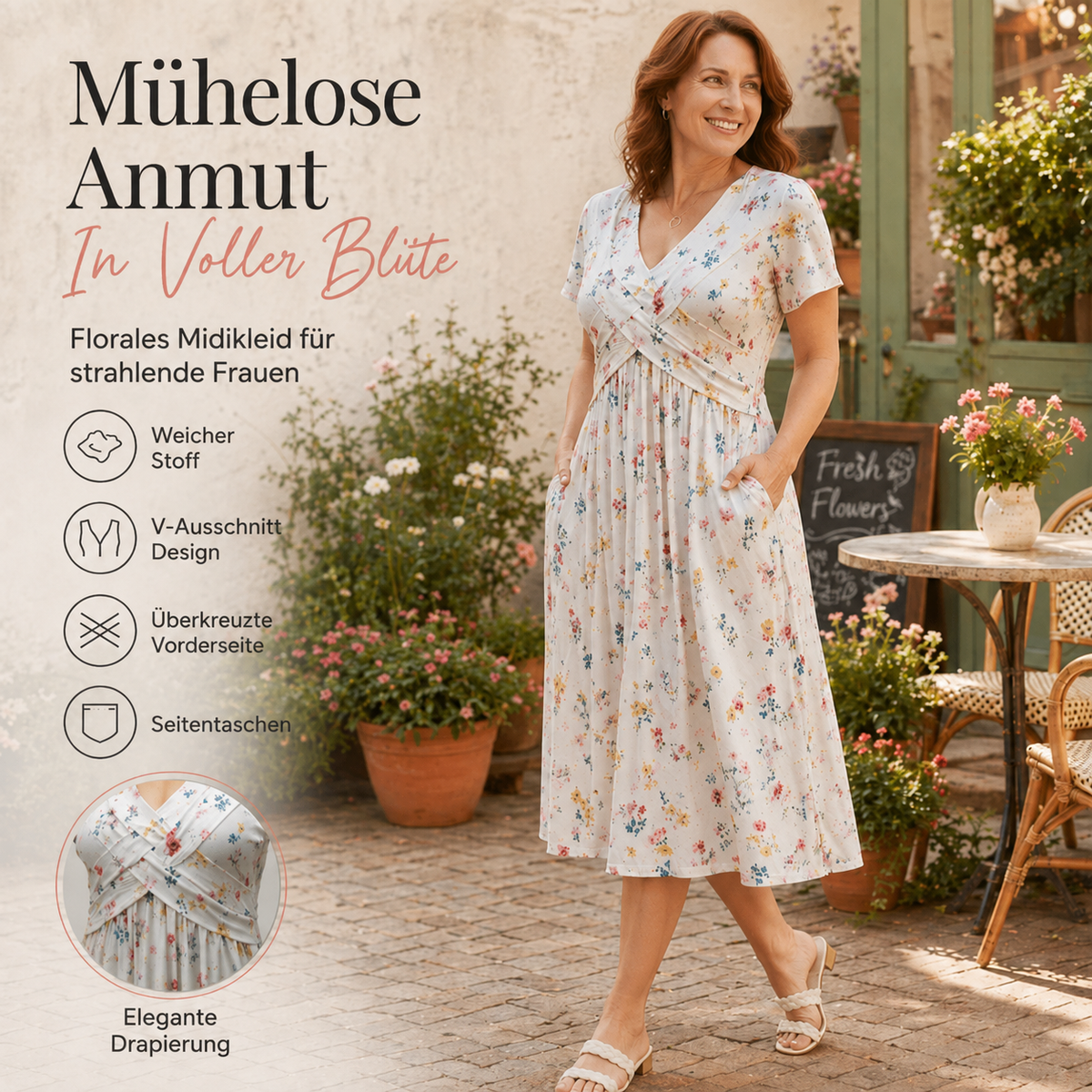 Sommerkleid Yara – V-Ausschnitt mit Blumenprint und Taillenknoten
