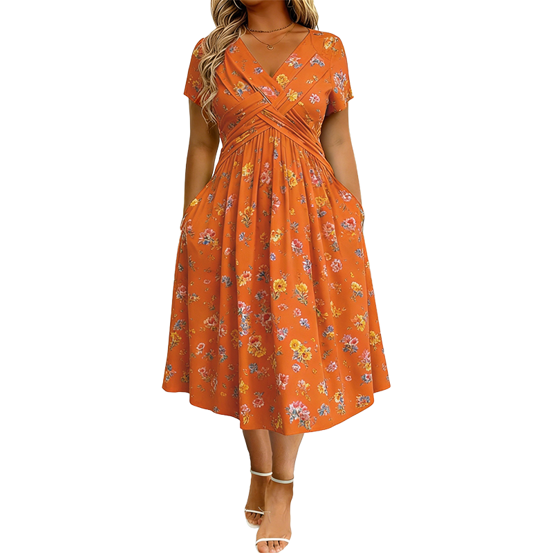 Sommerkleid Yara – V-Ausschnitt mit Blumenprint und Taillenknoten