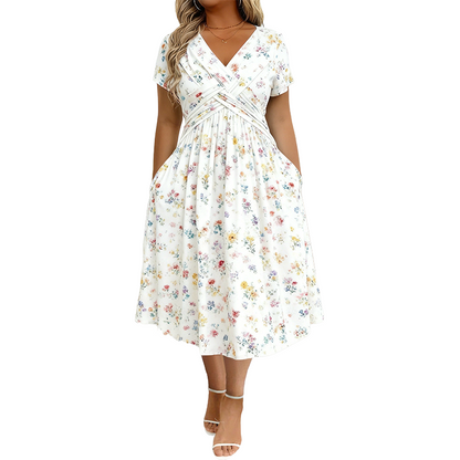 Sommerkleid Yara – V-Ausschnitt mit Blumenprint und Taillenknoten